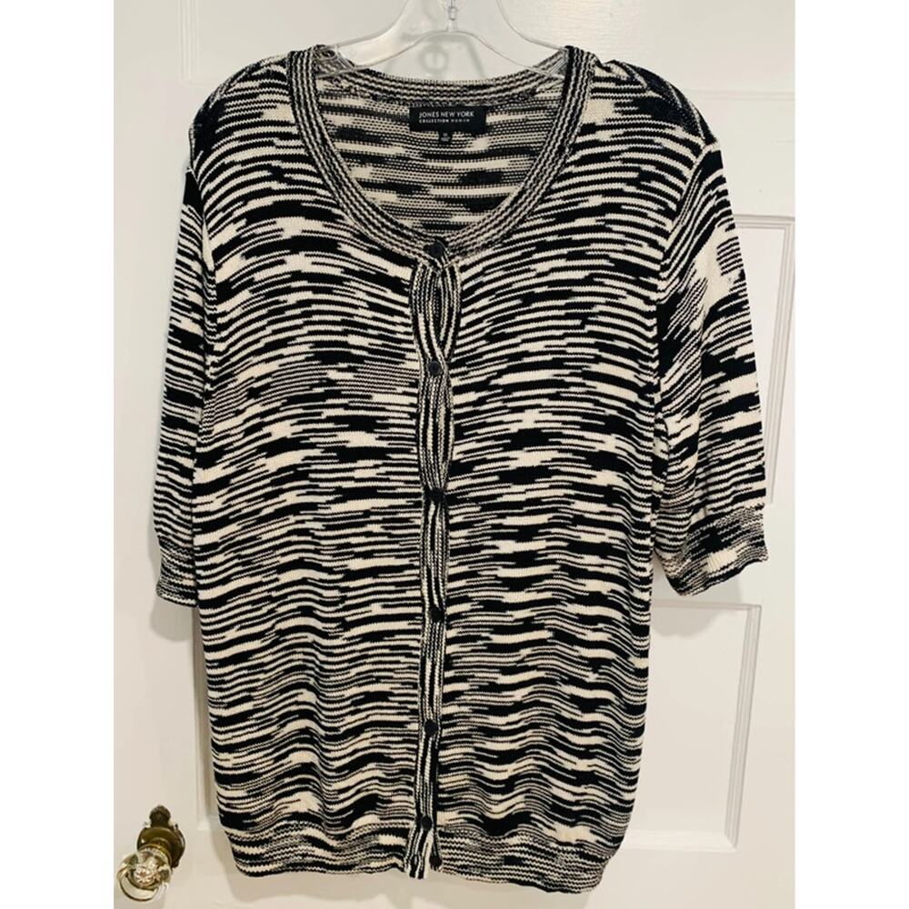 Jones New York Women's 1X Black White Marled Knit Cardigan Short Sleeve Sweater